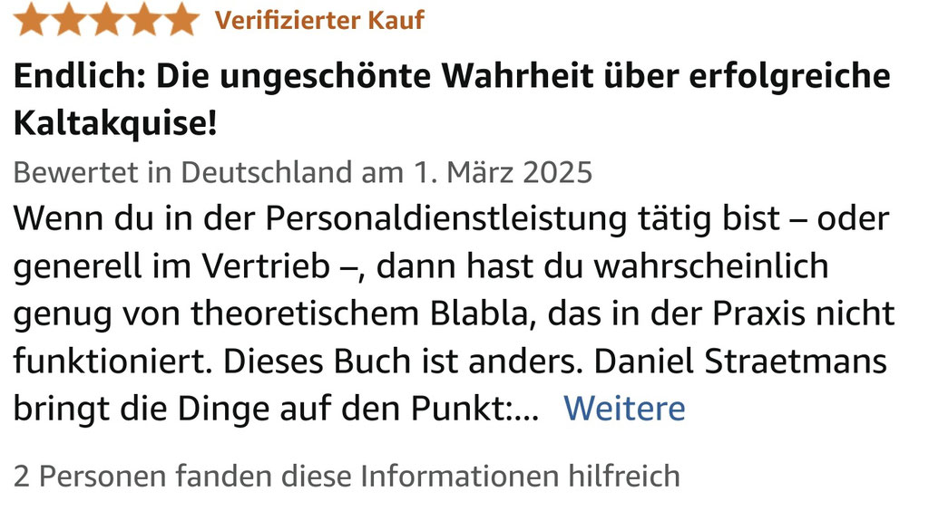 Rezension 2 Die Ganze Wahrheit über Kaltakquise (in der Personaldienstleistung) von Daniel Straetmans