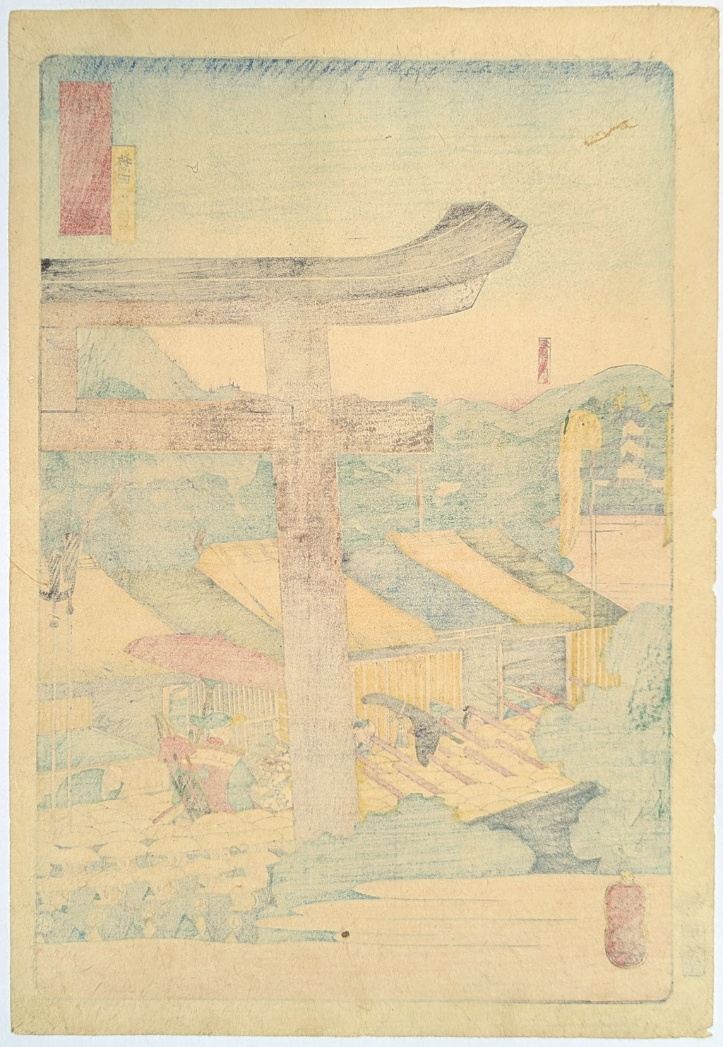 熱田神宮の鳥居をくぐる将軍行列です。遠くに名古屋城が見えます。