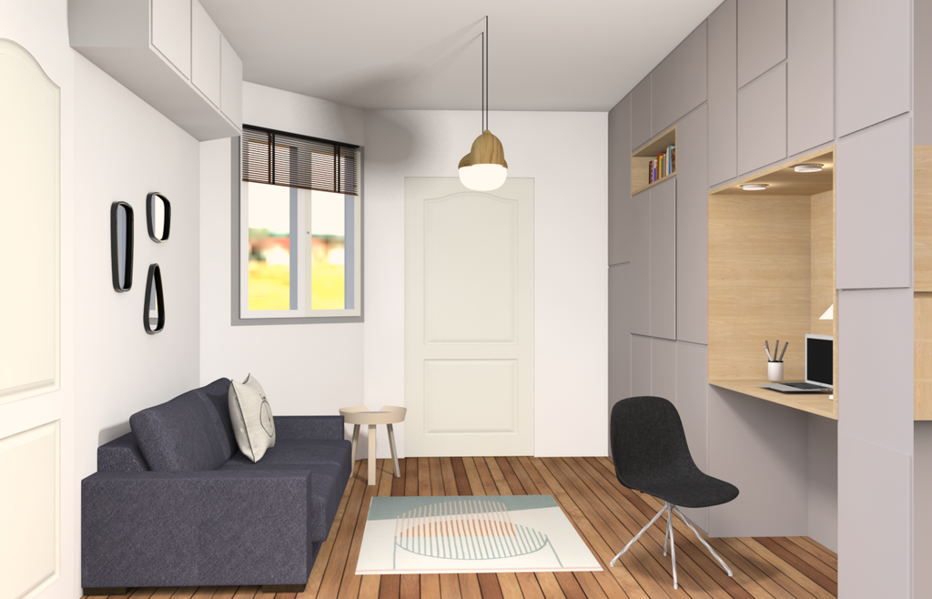 Aménagement intérieur, mur de rangement avec bureau intégré et niches déco, bois, 3D,  Ma Jolie Maison, Julienne Le Brun