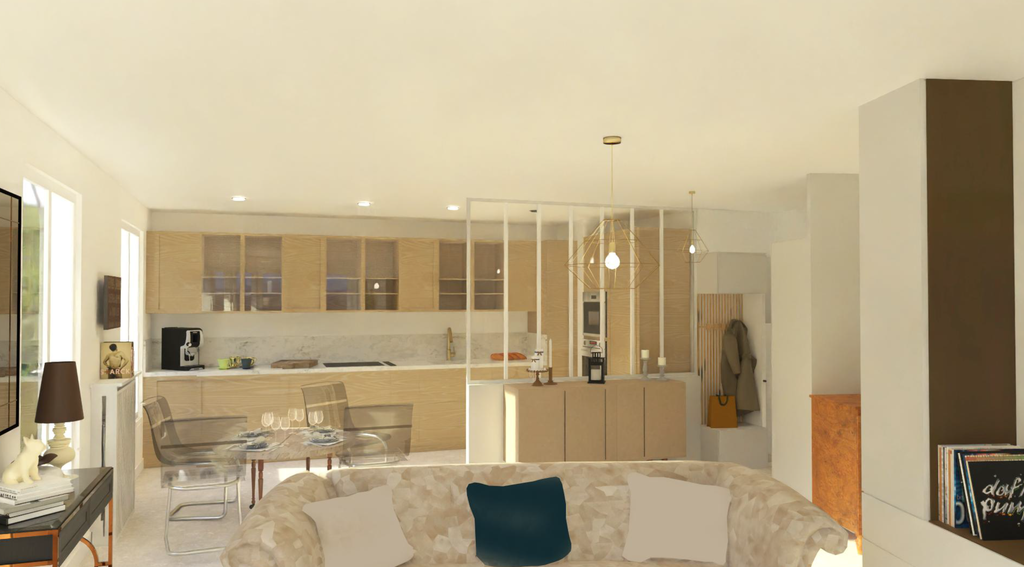 Dessin photoréaliste de la pièce de vie d'un appartement de 90 m2 dans le Val-d'Oise, réalisée à partir d'un dessin Sketchup sur la base du plan du promoteur.