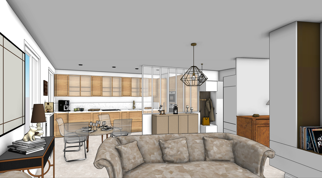 Dessin SketchUp 3D de l’aménagement de la pièce de vie d’un appartement de 90 m², réalisé à partir du plan d’un promoteur dans le Val-d'Oise.