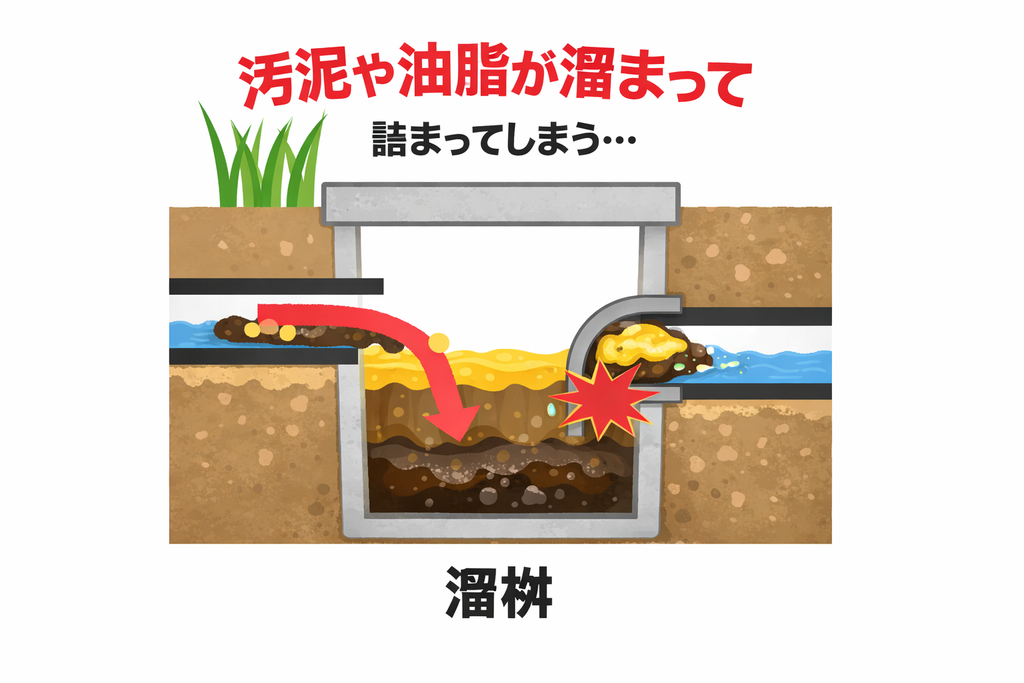 溜枡の断面図。左側の排水管から汚泥と油脂を含む水が流れ込み、溜枡の底に茶色い汚泥が沈殿し、上部には黄色い油脂が浮いて層を形成。右側の排水管は油脂で詰まり、赤い爆発マークで詰まりを強調。上部には「汚泥や油脂が溜まって 詰まってしまう…」という赤文字の警告文。地面の断面と草も描かれている