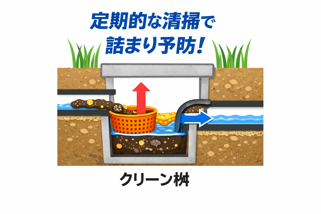 クリーン桝の断面図｜左側の排水管から汚泥と油脂を含む水が流れ込み、小型のオレンジ色バスケットがそれらをキャッチする仕組み。右側の排水管からは青い矢印で清潔な水がスムーズに流れ出る。上部