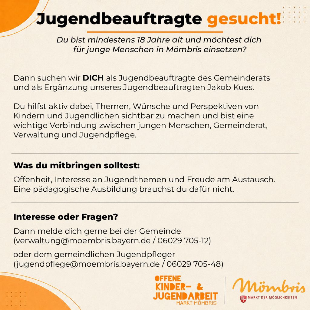 Grafik zur Suche nach einer Jugendbeauftragten für den Markt Mömbris mit Informationen zu Aufgaben, Voraussetzungen und Kontaktmöglichkeiten.