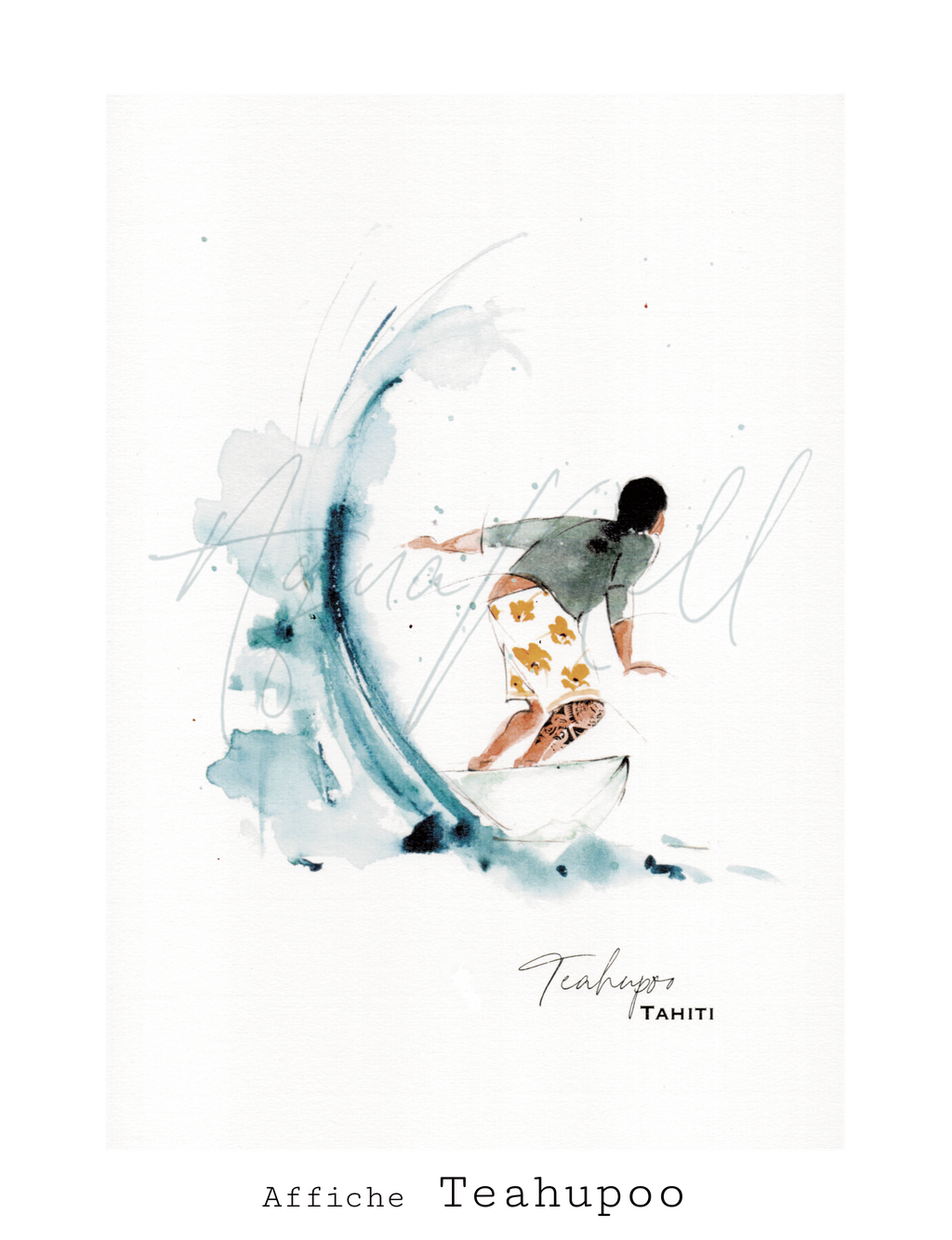 Affiche tahitienne aquarelle "Surfeur" Aquarelle