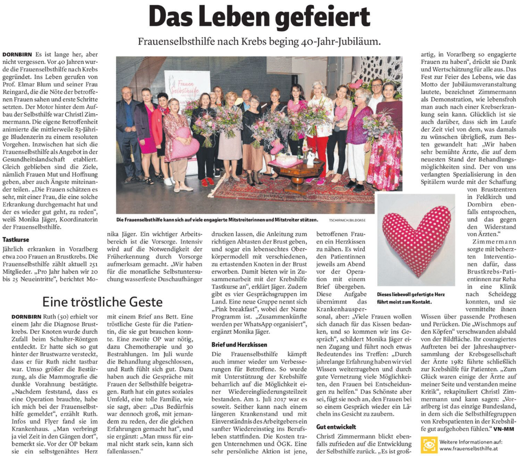 40 Jahre Frauenselbsthilfe nach Krebs I Vorarlberger Nachrichten (Oktober 2022)