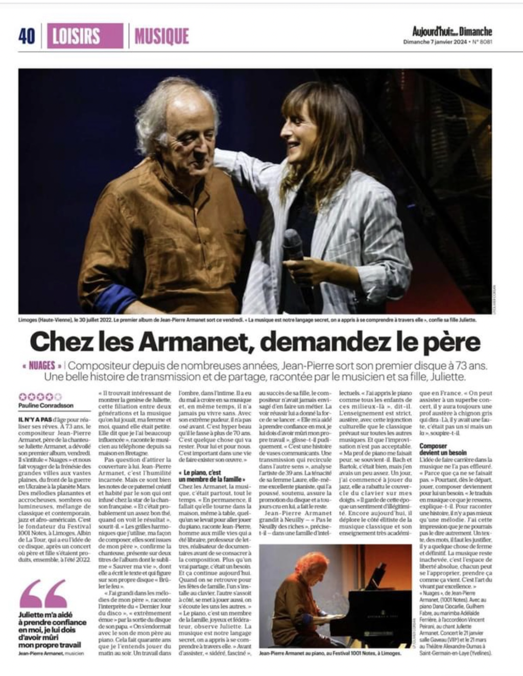 Journal "Le Parisien" 7 Janvier 2024 Article de Pauline Conradsson. Sortie du CD "Nuages"