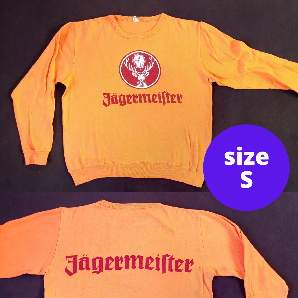 Punk shirt fleamarket - Band tees and more for sale - Jägermeister orange vintage jumper small - Zebraspider Eco Anti-Fashion Blog