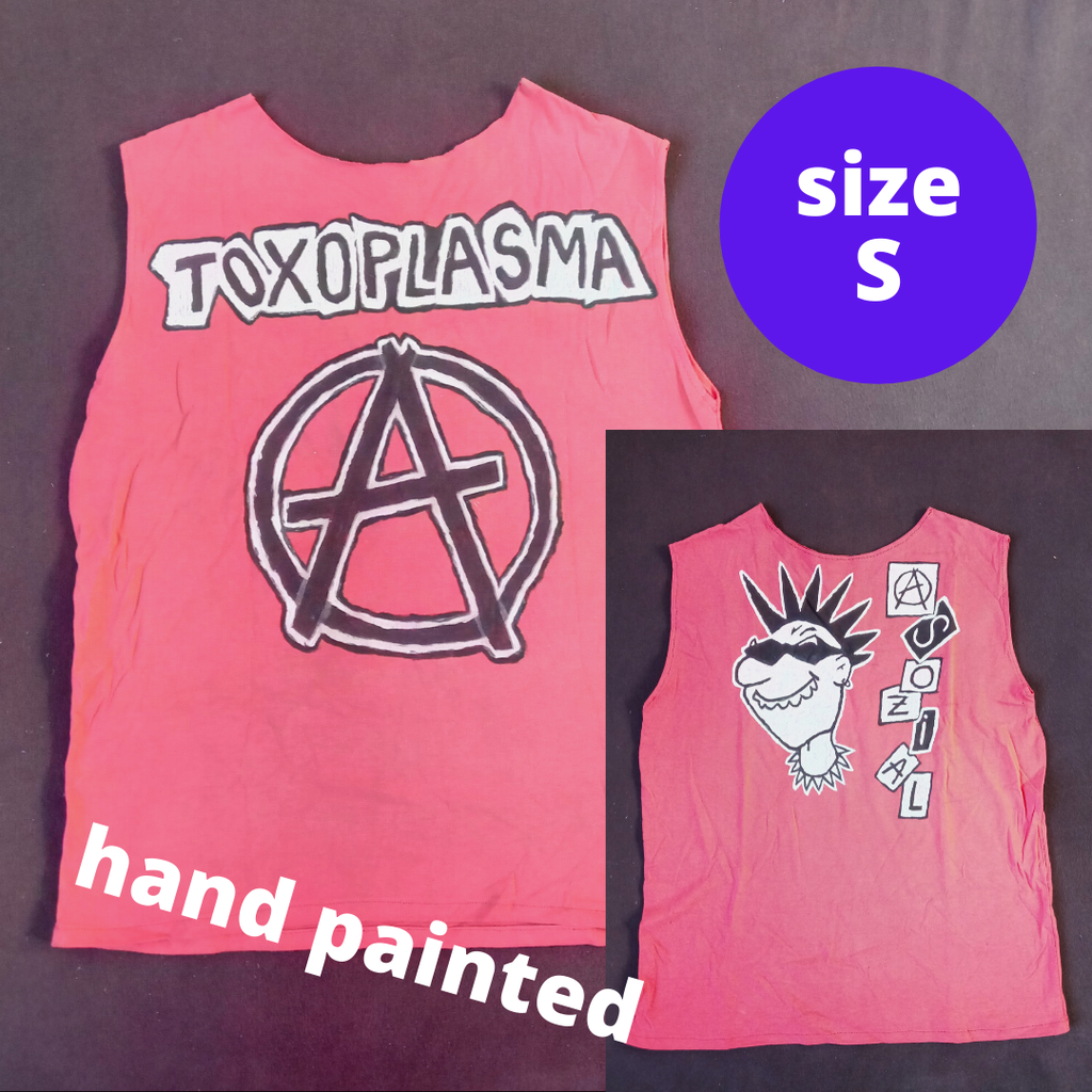 Punk shirt fleamarket - Band tees and more for sale - Toxoplasma handpainted asozial anarchy red T-shirt small - Zebraspider Eco Anti-Fashion Blog