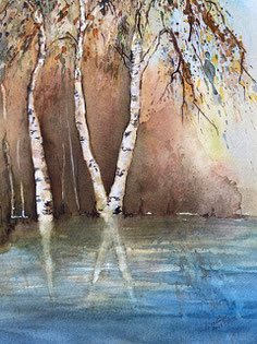 Aquarell Wasserspiegelung Birken im Herbst