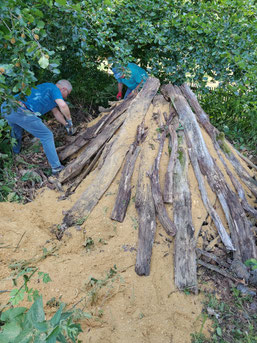 NABU-Helfer arbeiten Holzspäne in einen Hirschkäfermeiler ein
