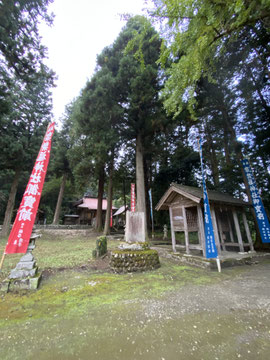 祭礼幟と社殿群遠景