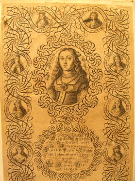 Das Bild zeigt eine alte, verzierte Zeichnung von Sibylla Schwarz.