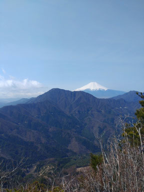 富士を挟むように左側のどっしりとした山が御正体山（道志山渓最高峰）右側が杓子山、いずれも昨年秋登った山です。