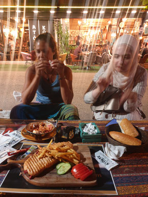 Viviane and Suada at a local restaurant