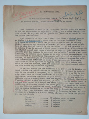 Vorderseite des Berichts von Duflo vom 09.11.1942, Archiv der Gedenkstätte Lager Sandbostel 4.1.07 JR
