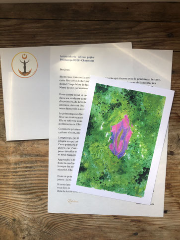 Lettre colorée édition de papier de Lorina, slow mail saisonnier, correspondace artistique : une lettre, une impression d'une peinture et une surprise