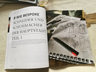 TWEED Magazin 04/21_ B wie Bespoke_Schneider und Schuhmacher der Hauptstadt Teil 1_Bernhard Roetzel_Titelfoto_Kundenskizze Maßmantel_Manuela Leis_thecoatress