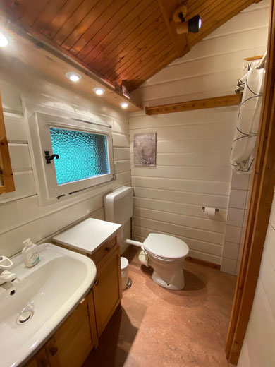 Badezimmer mit Dusche, Waschbecken und WC