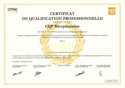 CQP Certificat de Qualification Professionnelle gouvernante réceptionniste