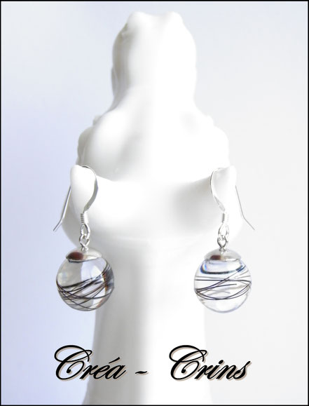 boucles d'oreilles en résine et crin de cheval argent 