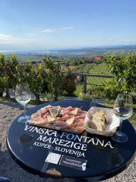 tagliere di affettati e formaggi sloveni e due calici di Refosco su tavolino all'aperto con vista su Kopler