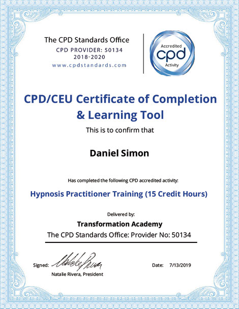 Zertifikat Transformation Academy Hypnosis Practitioner Daniel Simon