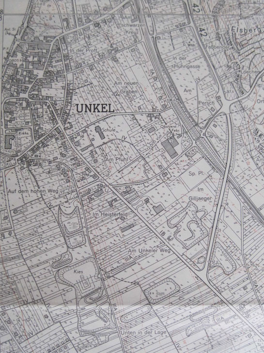 Unkeler Karte mit den ehemaligen Kiesgruben am Hohen Weg, 1957