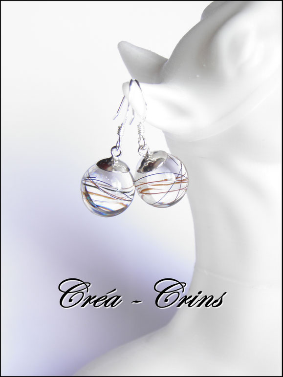 boucles d'oreilles en résine et crin de cheval argent 