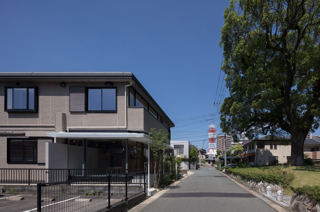 角建築研究室(代表 角大輔 Daisuke Sumi)による福岡県久留米市での戸建てリノベーション。御神木が見える外観写真。