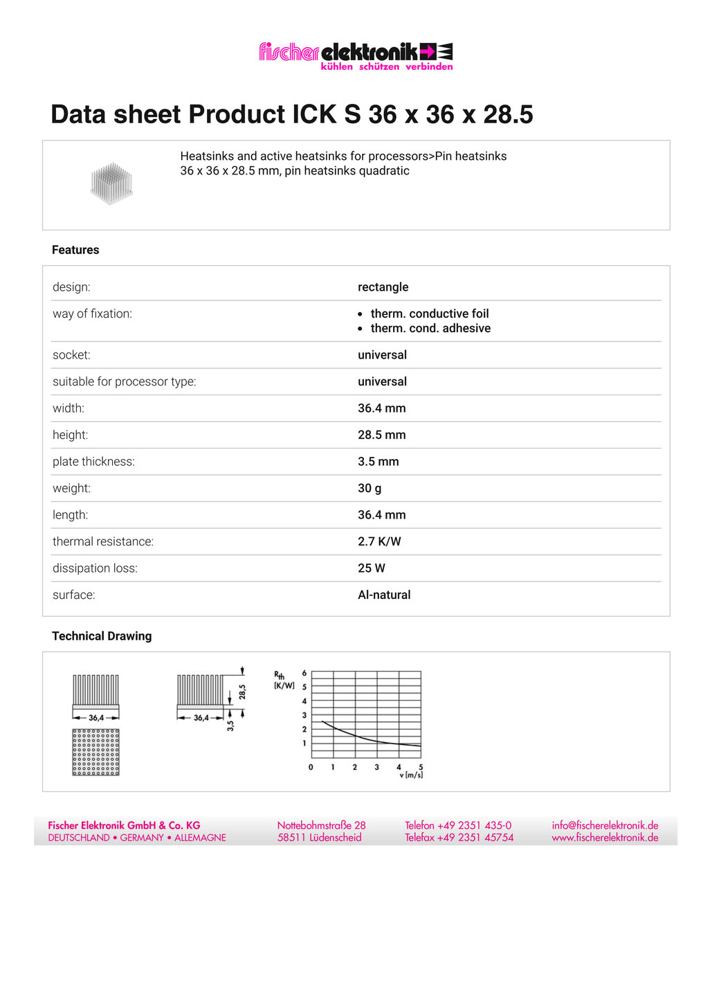 ICK S 36 x 36 x 28.5 |角型ピンフィンヒートシンク | Fischer Elektronik