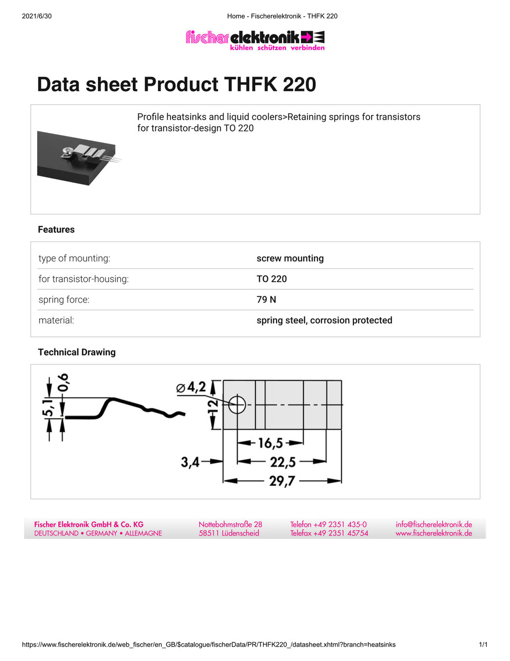 THFK220 Fischer Elektronik トランジスタ固定用スプリング
