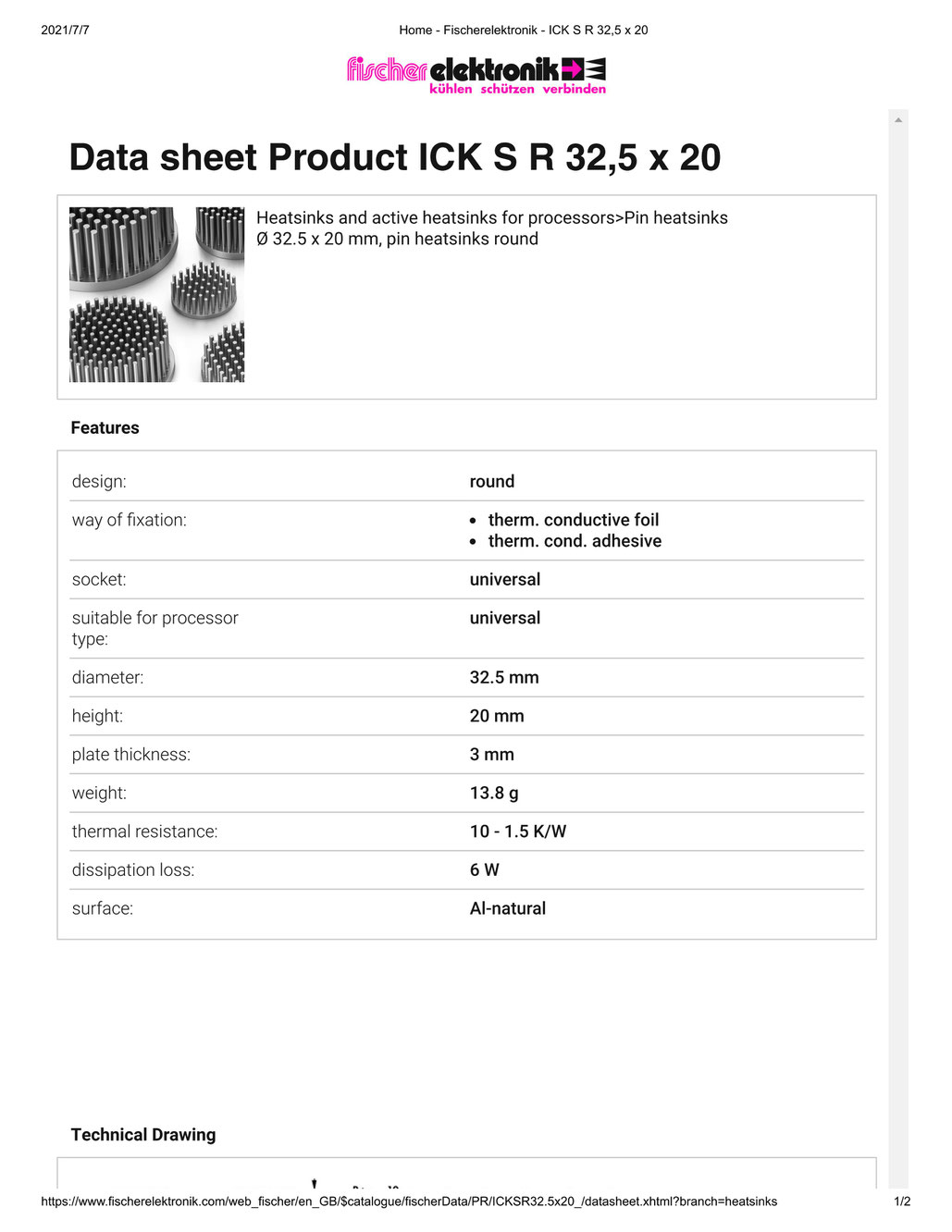 ICK S R 32,5x20 Fischer 丸型ピンヒートシンク