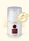 Produktabbildung: „Rosenblüten Nachtcreme“,  PE-Vakuumspender, weiß, mit Abdeckkappe 50 ml. Beschriftung „Harmonie geießen“. Mit „Siegel – Wirksamkeit und Verträglichkeit dermatologisch geprüft“.