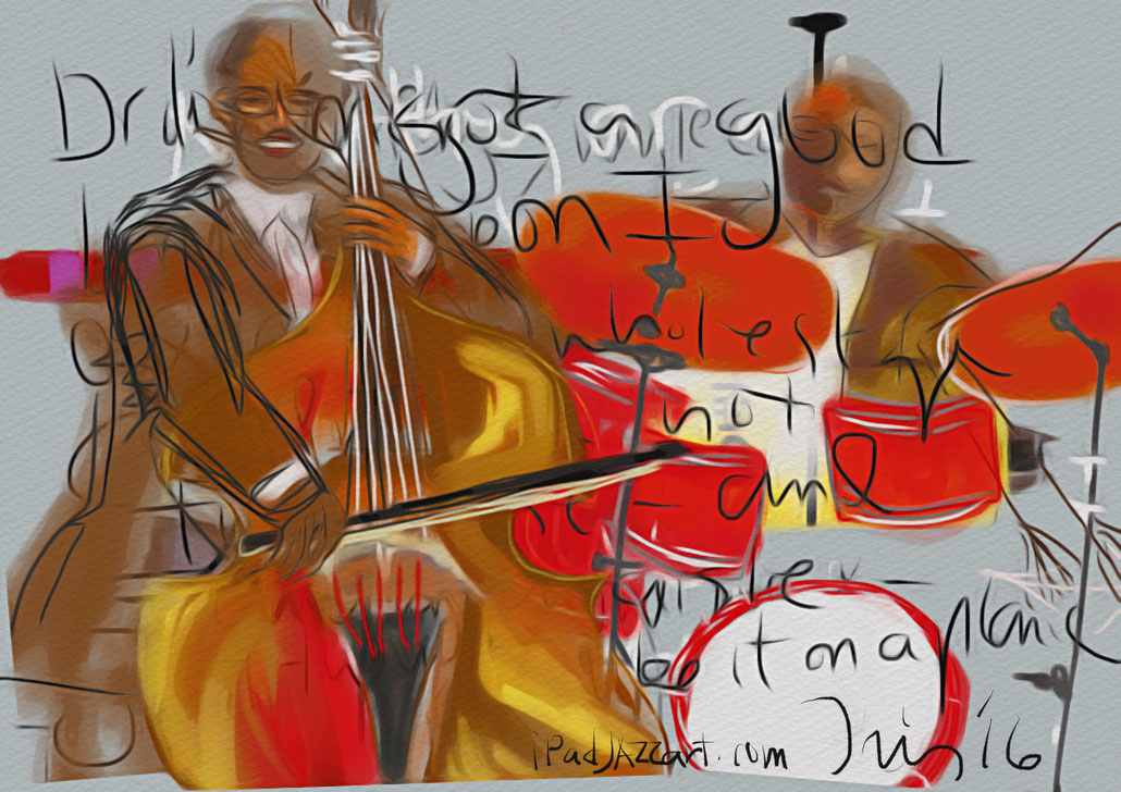 Christian McBride, Bassist, Carl Allen, drums, The Jazz Cruise, iPad Pro, Procreate app, mobile digital art, Claire Iris Schencke mobile digital artist