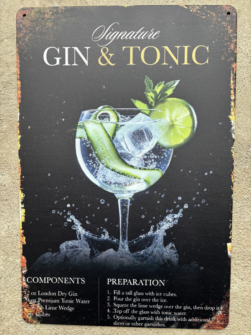 Gin Tonic Metallschild im Retro Look – langlebiges Vintage Blechschild für Bars Schweiz kaufen