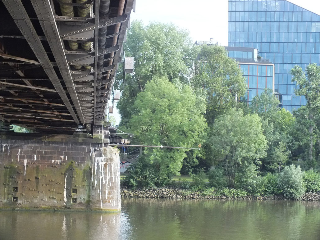 Deutschherrenbrücke (Eisenbahnbrücke) mit Blick auf das Sachsenhäuser Ufer