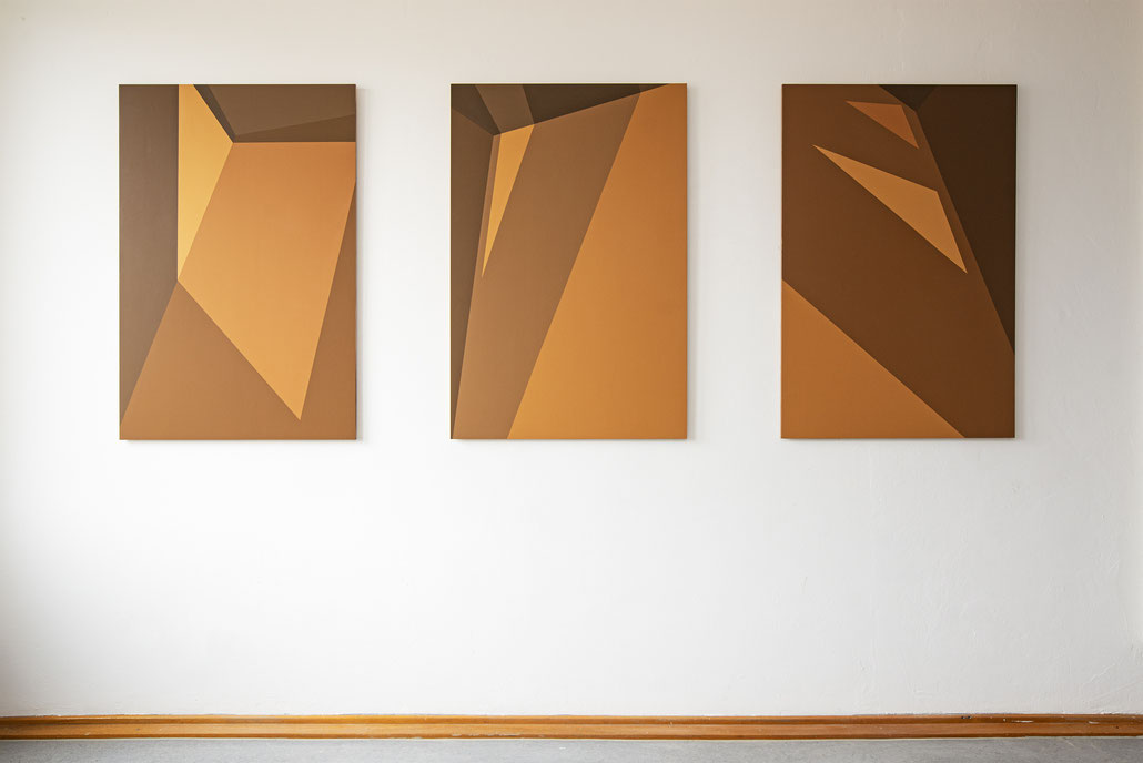 "3 lichtecken" 2023, Acryl auf Holz, je 120,0 x 80,0 cm, Atelieransicht