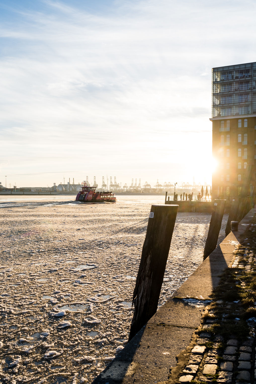 Hamburg, Elbe, Eisgang, Sonnenuntergang, Fähre