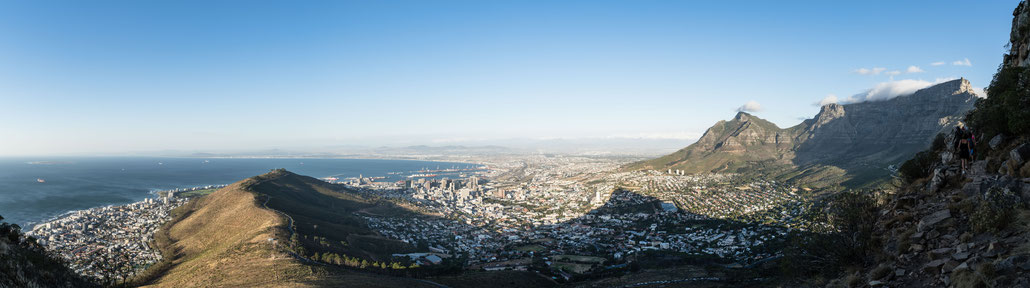 Table Mountain, Capetown's city bowl and Signal Hit seen from Lion's Head before sunset