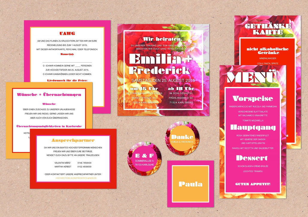 Hochzeitset, Juhu Papeterie, Karlsruhe, Hochzeitseinladung, Dahlien, Bunt, farbenfroh, pink, rot, orange, rosa, individuell, pocketfold, pocket, fold, Einladung, modern, knallig, grün