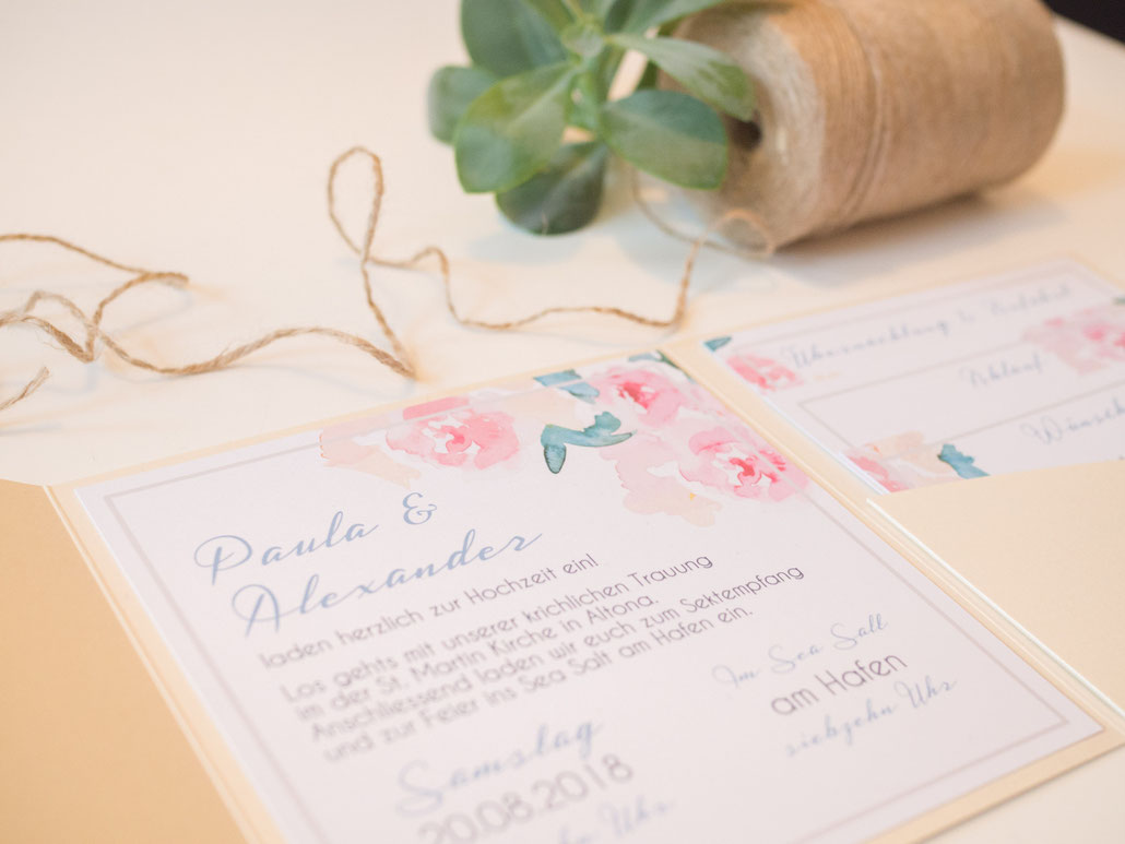 Hochzeitspapeterie, Hochzeitsset, Pastell, mint, rosé, Pocketfold, pocketfold-einladung, juhu, Papeterie, Karlsruhe, beige, creme, hochzeitseinladung