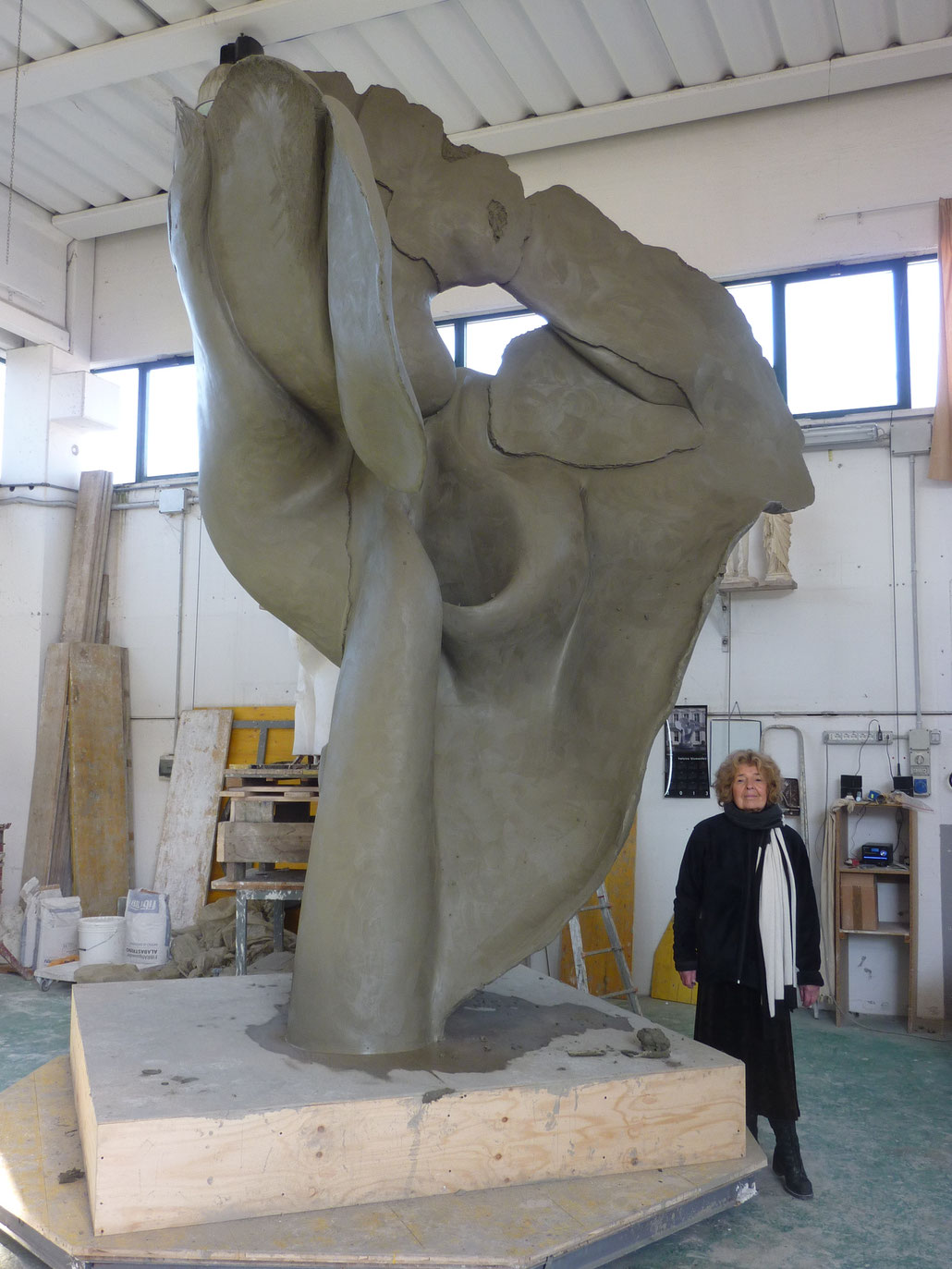 Helaine Blumenfeld OBE and her clay model for TEMPESTA in bronze. This sculpture has been cast at Fonderia Artistica Mariani in Pietrasanta, Italy.