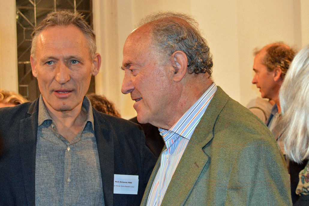 Sculptor Mark Richards and the husband of Helaine Blumenfeld, Yorick Blumenfeld, at the opening of a bronze exhibition by the sculptor HEX.