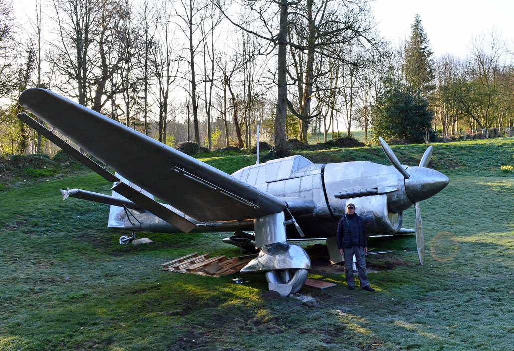 Contemporary sculpture of a crashed JU 87 STUKA by sculptor HEX at Burghley House Sculpture Park. Miranda Rock Cecil is director of the BHPT.