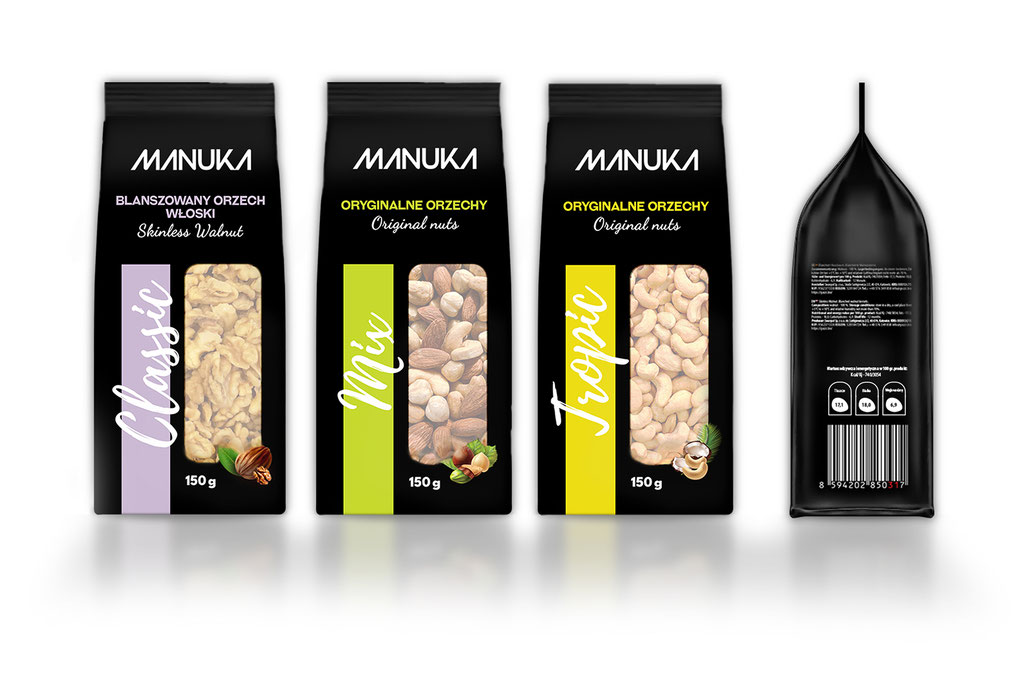 luxury nuts package design, black food nuts package design, graphic designer Yuliya Strizhkina, PR & Design Studio LA BEAUTY, Classic, Tropic, Mix, Ukraine, Germany, Europe