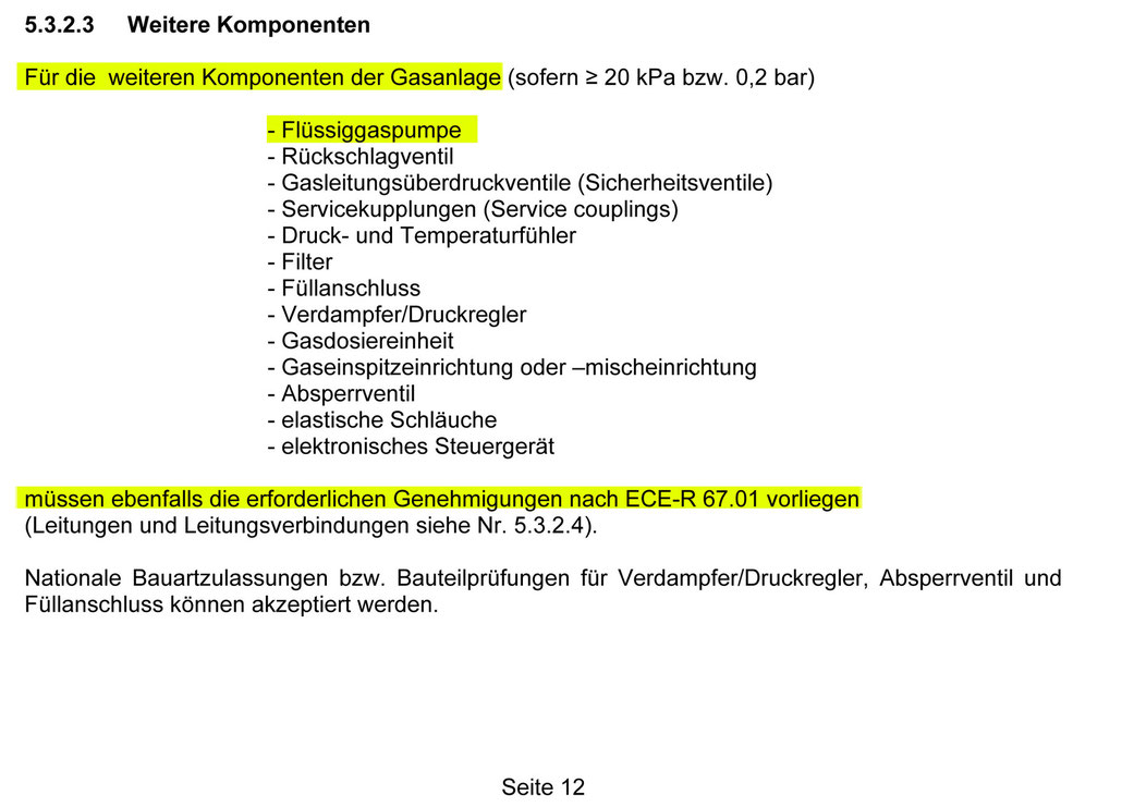 Der Auszug des TÜV-Merkblatts hebt heraus, dass eine ECE R67.01 Homologation für LPG-Pumpen zum Betrieb in Autogasanlagen vorgeschrieben ist