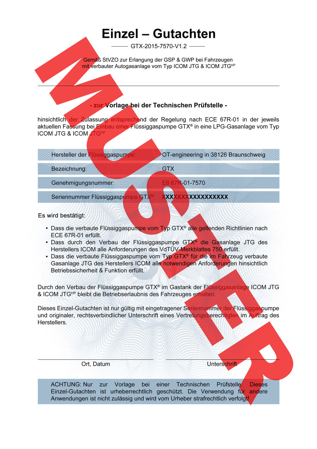 Einzel-Gutachten zur GTX LPG-Pumpe der Firma OT Engineering für Icom JTG Gasanlagen zur Vorlage beim TÜV