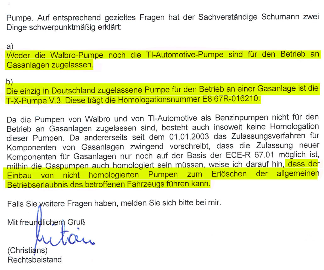 Informationen zum Gerichtsurteil - Bigfoot Pumpe hat keine Zulassung, nur GTX Pumpe von OT Engineering mit Zulassung nach R67-01