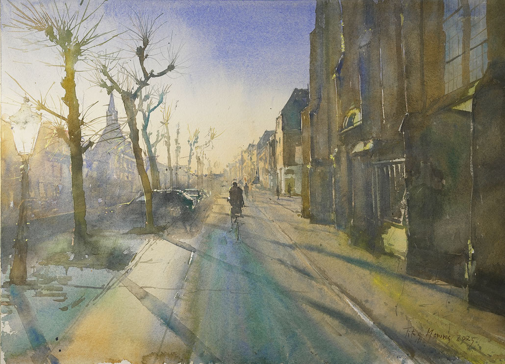 Schilderij Schoonhoven Haven Bartholomeuskerk stadhuis aquarel